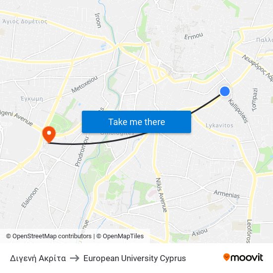 Διγενή Ακρίτα to European University Cyprus map