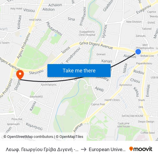 Λεωφ. Γεωργίου Γρίβα Διγενή - Θεμιστοκλή Δέρβη to European University Cyprus map