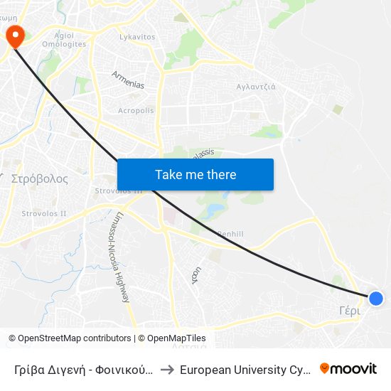 Γρίβα Διγενή to European University Cyprus map