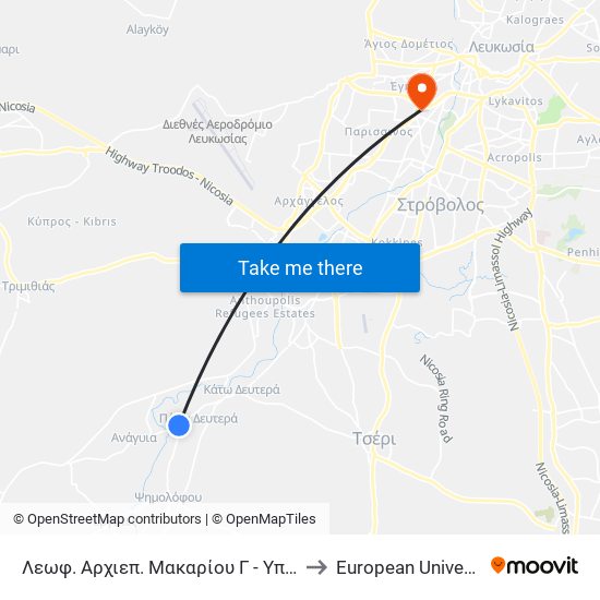 Λεωφ. Αρχιεπ. Μακαρίου Γ - Υπεραγορά Γαλάκτικα to European University Cyprus map