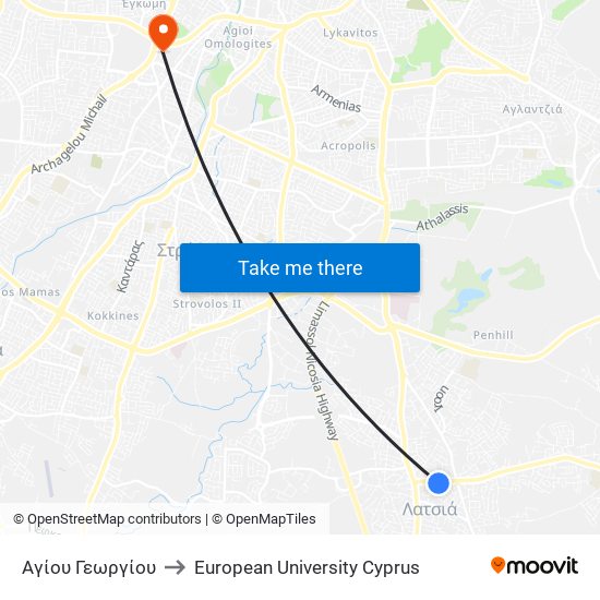 Αγίου Γεωργίου to European University Cyprus map