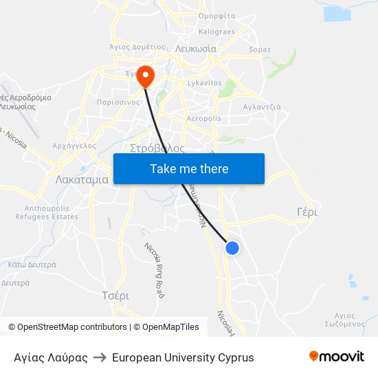 Αγίας Λαύρας to European University Cyprus map