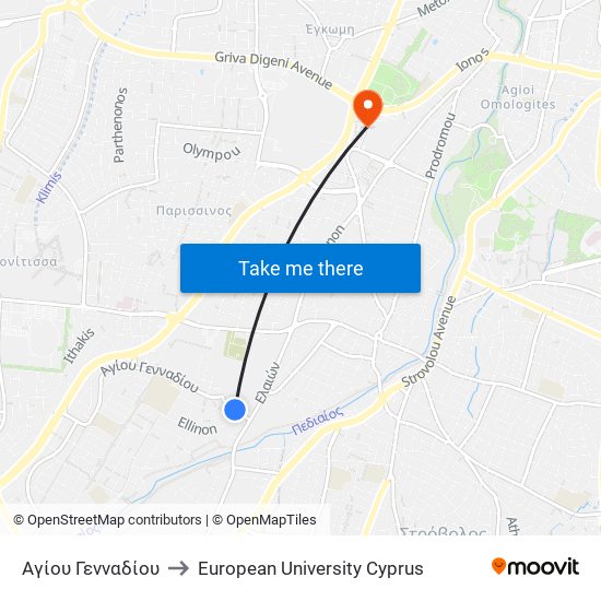 Αγίου Γενναδίου to European University Cyprus map