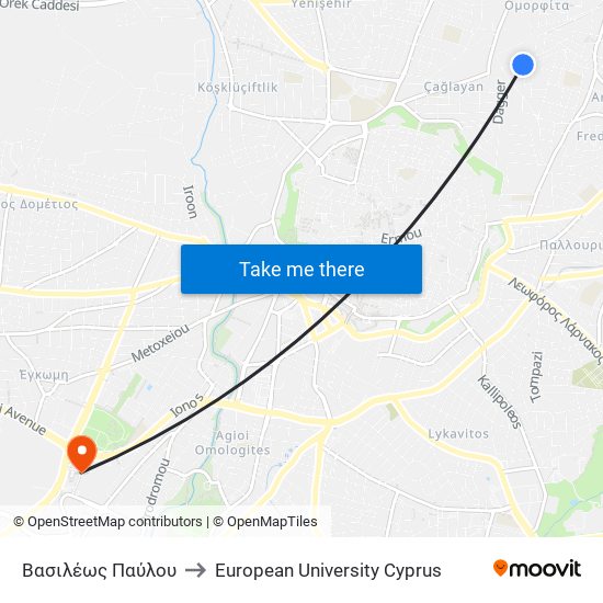 Βασιλέως Παύλου to European University Cyprus map