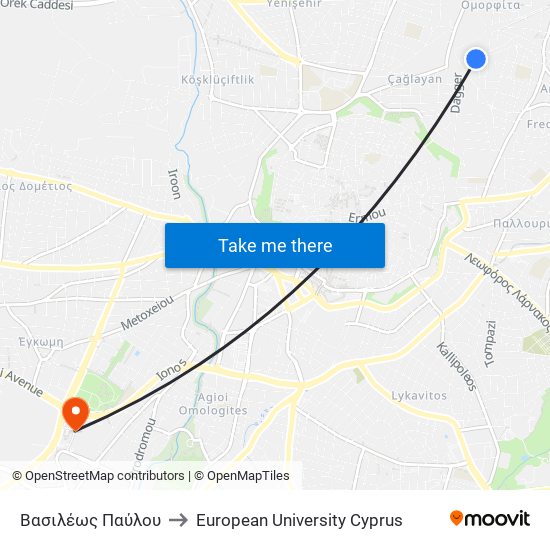 Βασιλέως Παύλου to European University Cyprus map