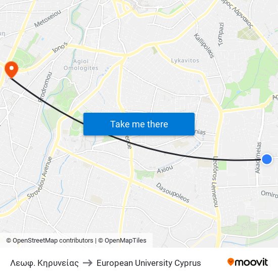 Λεωφ. Κηρυνείας to European University Cyprus map