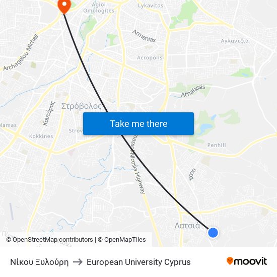 Νίκου Ξυλούρη to European University Cyprus map
