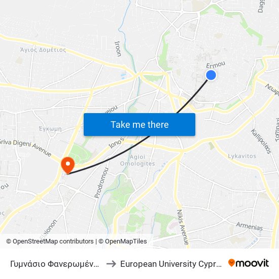 Γυμνάσιο Φανερωμένης to European University Cyprus map