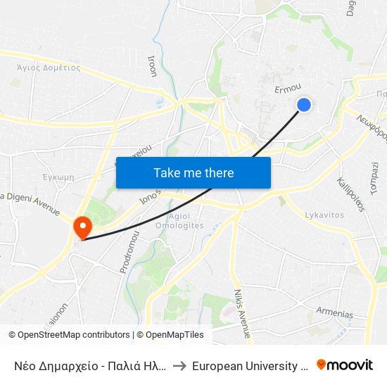 Νέο Δημαρχείο - Παλιά Ηλεκτρική to European University Cyprus map