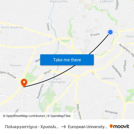 Πολυεργαστήρια - Χρυσαλινιώτισσα to European University Cyprus map