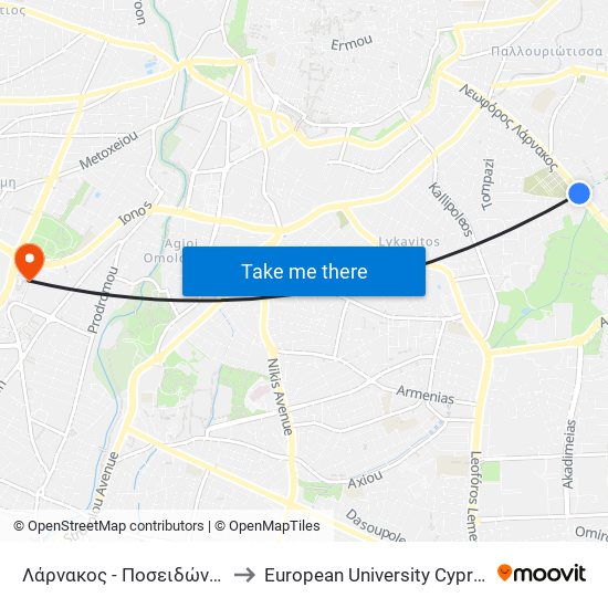 Λάρνακος - Ποσειδώνος to European University Cyprus map