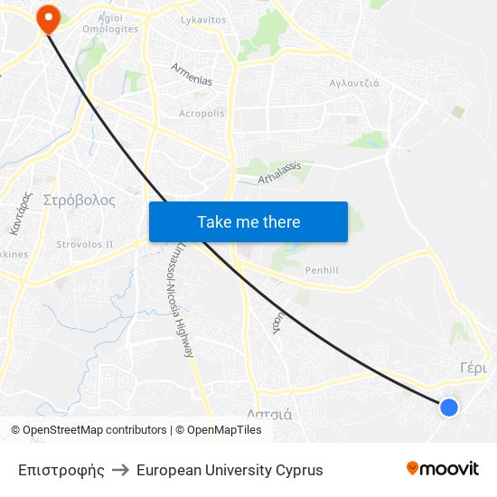 Επιστροφής to European University Cyprus map