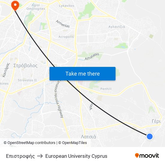 Επιστροφής to European University Cyprus map