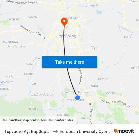 Γυμνάσιο Αγ. Βαρβάρας to European University Cyprus map