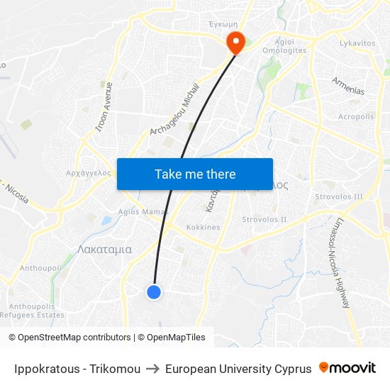 Ippokratous - Trikomou to European University Cyprus map