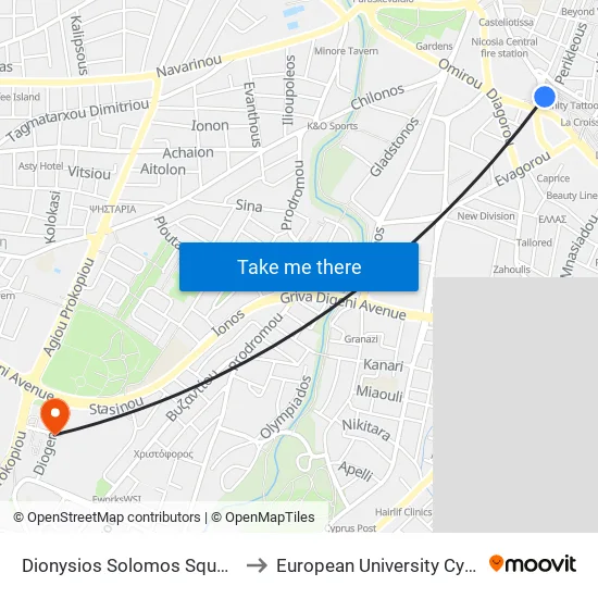 Dionysios Solomos Square A to European University Cyprus map