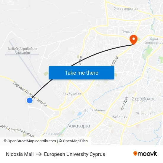 Nicosia Mall to European University Cyprus map