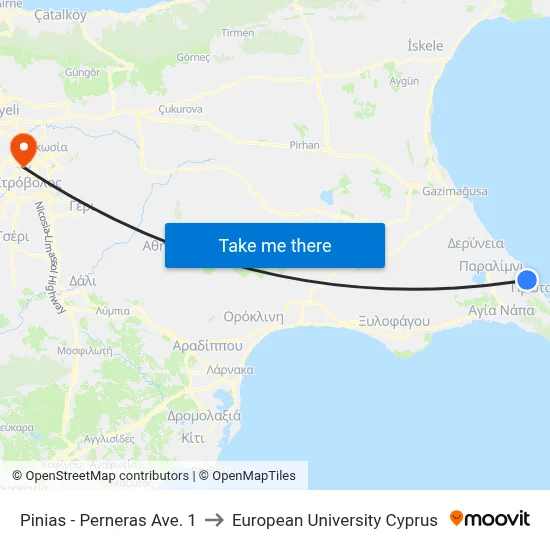 Pinias - Perneras Avenue 1 to European University Cyprus map