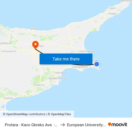 Protara - Cape Greco Avenue - Dionysou to European University Cyprus map