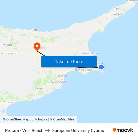Protara - Vrisi Beach to European University Cyprus map
