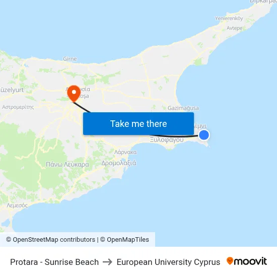 Protaras - Sunrise Beach to European University Cyprus map