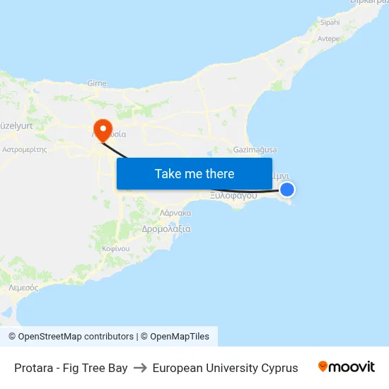 Protara - Fig Tree Bay to European University Cyprus map