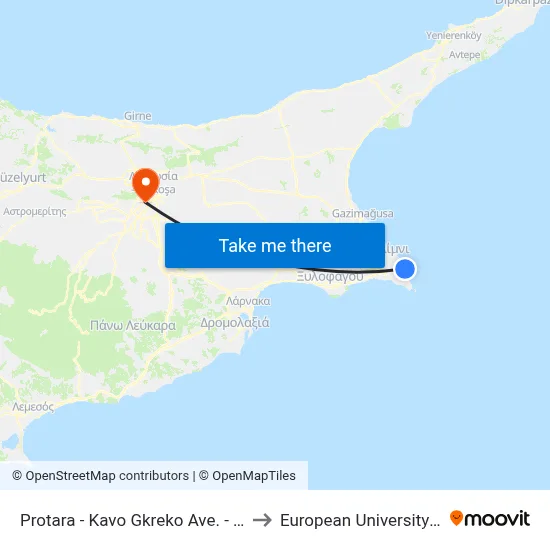 Protaras - Cape Greco Ave. - 14th Stop to European University Cyprus map