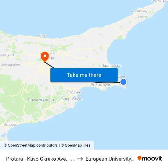 Protaras - Cape Greco Ave. - 11th Stop to European University Cyprus map