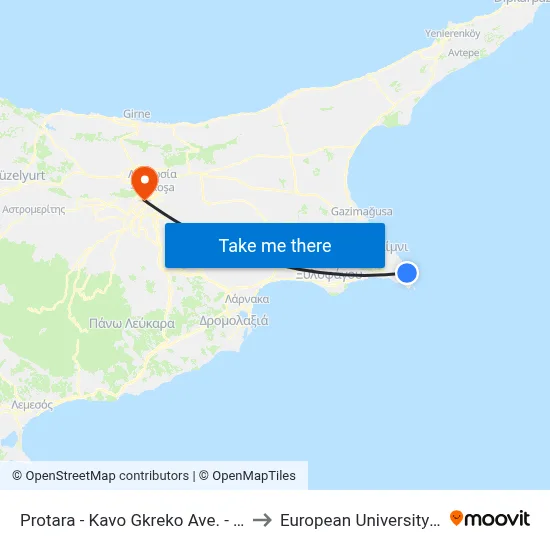 Protaras - Cape Greco Ave. - 16th Stop to European University Cyprus map