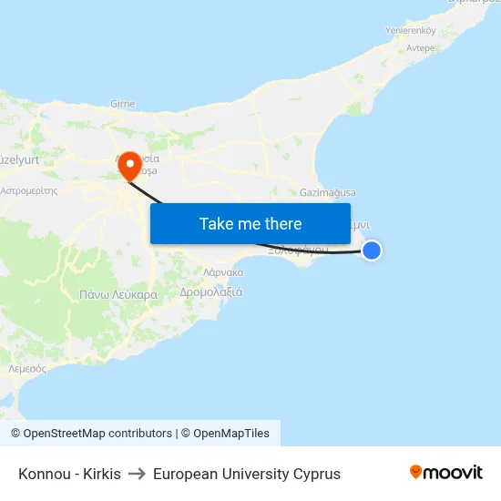 Konnou - Kirkis to European University Cyprus map