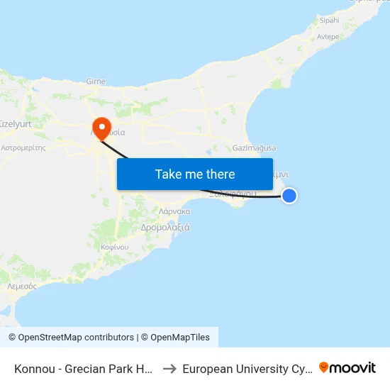 Konnou - Grecian Park Hotel to European University Cyprus map