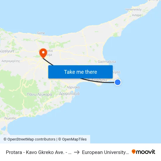 Protara - Kavo Gkreko Ave. - 25th Stop to European University Cyprus map