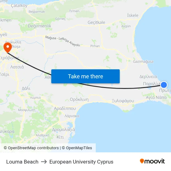 Louma Beach to European University Cyprus map