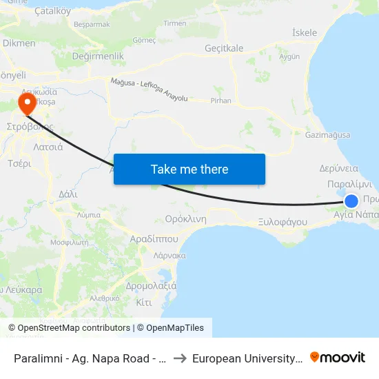 Paralimni - Ag. Napa Road - 10th Stop to European University Cyprus map