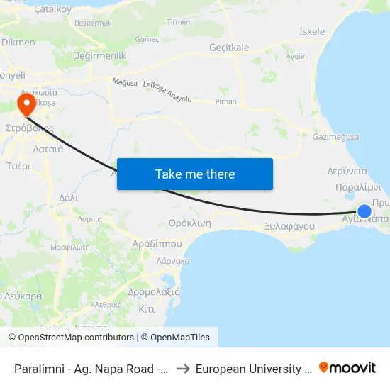 Paralimni - Ag. Napa Road - 6th Stop to European University Cyprus map