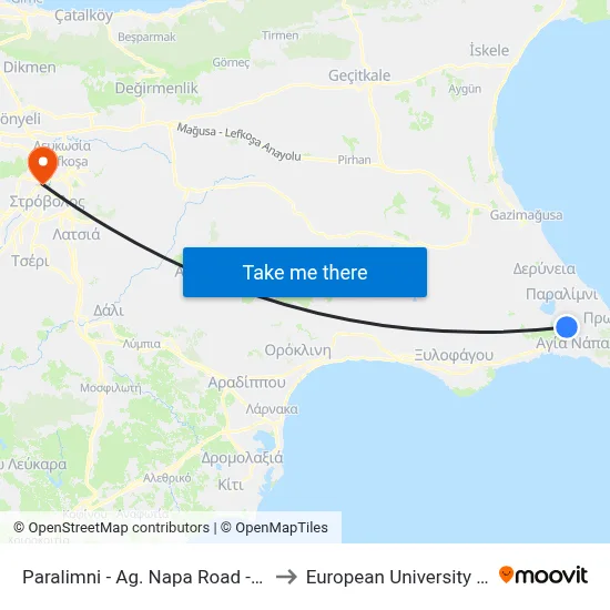 Paralimni - Ag. Napa Road - 7th Stop to European University Cyprus map
