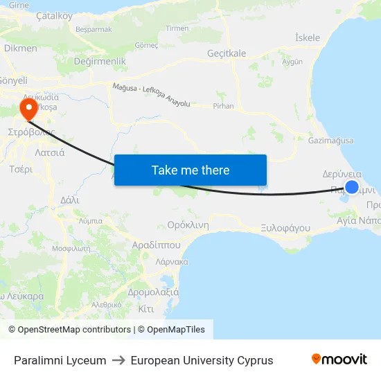 Paralimni Lyceum to European University Cyprus map