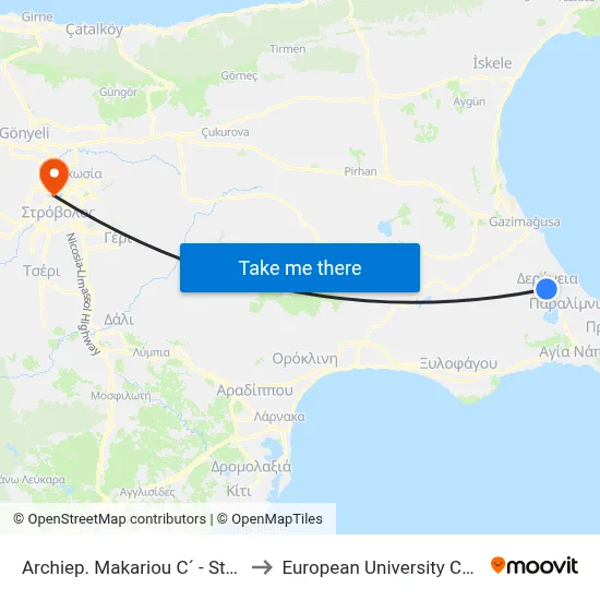Archbishop Makarios III - Stadiou to European University Cyprus map