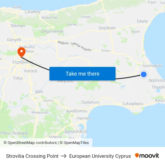 Strovilia Crossing Point to European University Cyprus map