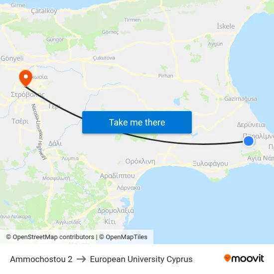 Ammochostou to European University Cyprus map