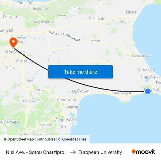 Nisi Ave - Sotou Chatziprokopiou to European University Cyprus map