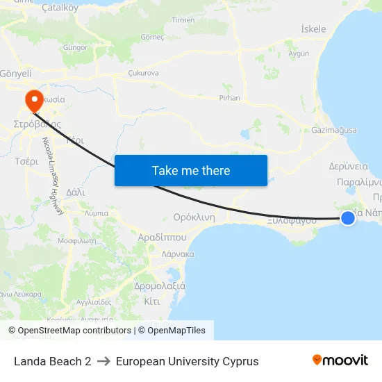 Landa Beach 2 to European University Cyprus map