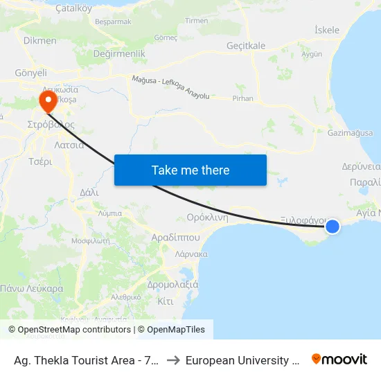 Ag. Thekla Tourist Area - 7th Stop to European University Cyprus map