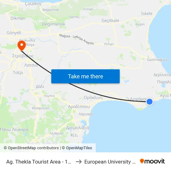 Ag. Thekla Tourist Area - 10th Stop to European University Cyprus map