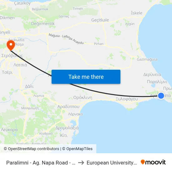 Paralimni - Ag. Napa Road - 2nd Stop to European University Cyprus map