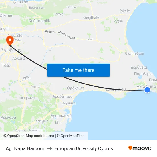 Ag. Napa Harbour to European University Cyprus map