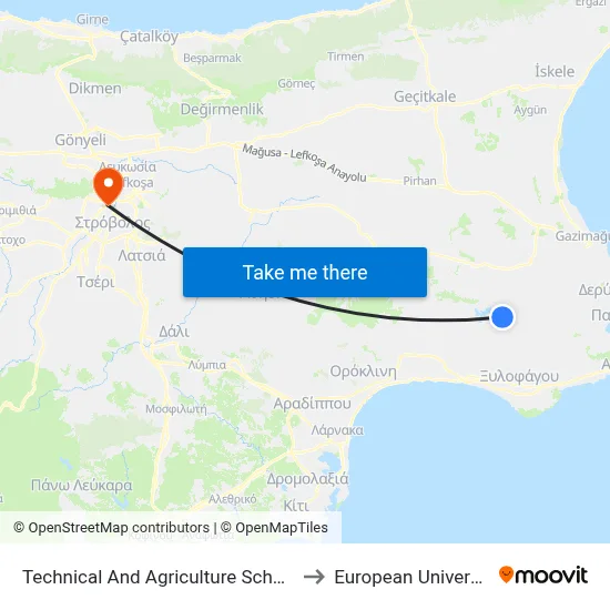 Technical And Agriculture School Of Famagusta to European University Cyprus map