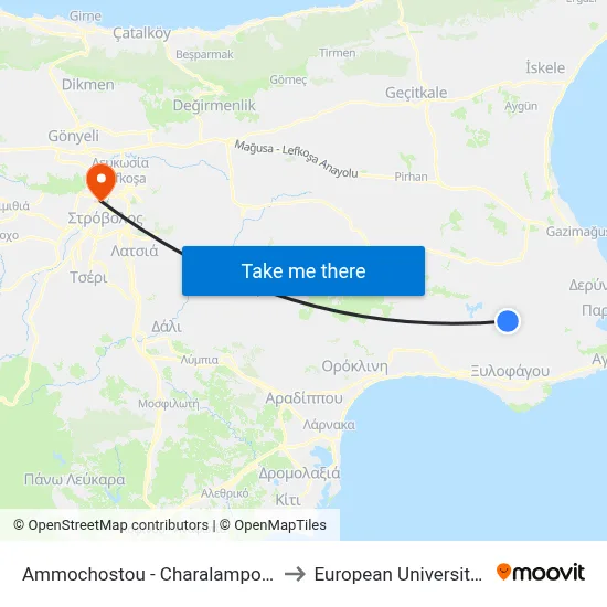 Ammochostou - Charalampou Mouskou to European University Cyprus map