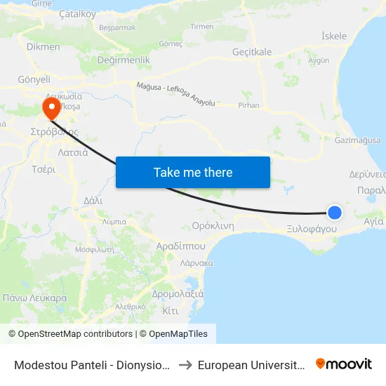 Modestou Panteli - Dionysiou Solomou to European University Cyprus map