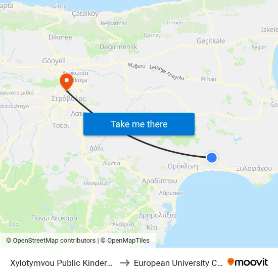 Xylotymvou Public Kindergarten to European University Cyprus map